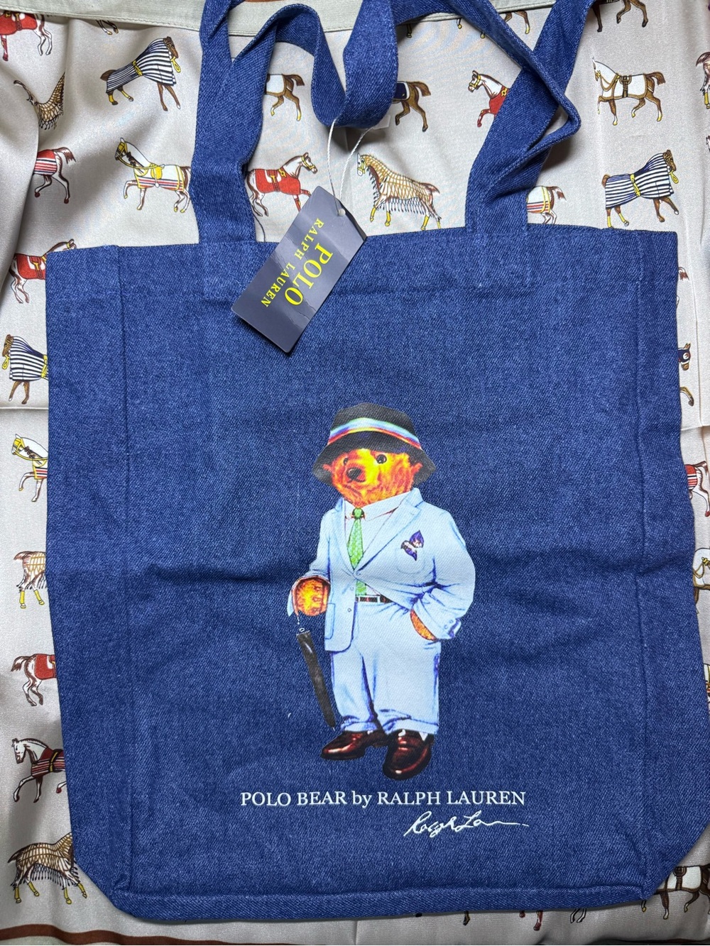 Ralph Lauren Navy Blue Canvas Tote with Polo Bear Print